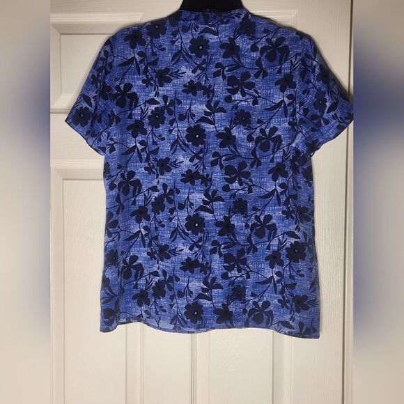 Pendleton 14 Blue Floral 100% SILK Ruffle V Neck Shrtslv Women's Blouse - Picture 8 of 8